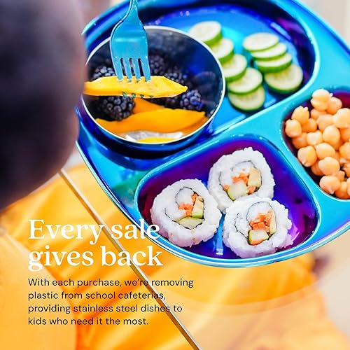 Ahimsa Stainless Steel Kids Dinnerware Set - 5 Piece Stainless Steel Toddler Plates and Bowls Set, Pediatrician Designed, Non Toxic Toddler Plate and Bowl, Kids Utensils and Cup (Rainbow) - Jamouz