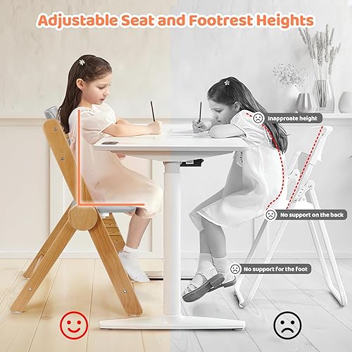 Ezebaby Wooden High Chair Grow with Your Child, Foldable Baby High Chair with Adjustable Seat and Footrest Heights, High Chair for Babies and Toddlers with Cushion and Large Double Layer Tray(White) - Jamouz