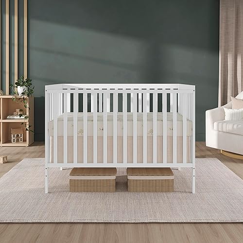 Synergy 5-In-1 Convertible Crib In White, made of New Zealand Pine wood, JPMA & Greenguard Gold Certified, features 3 mattress height settings - Jamouz