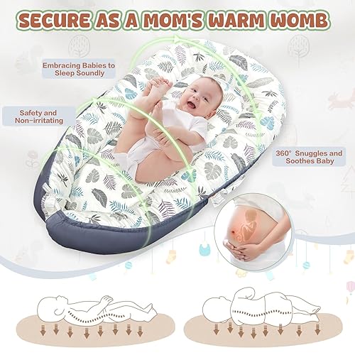 Baby Nests Baby Lounger For Newborn, Snuggle Sleeping Baby Bassinet for 0-24M, Breathable Portable Co Sleeping Bed, Baby Essentials Adjustable Infant Soft Cotton Loungers for Home & Travel -Plant - Jamouz