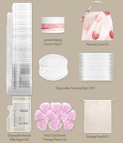 Breastfeeding Essentials Kit for Nursing Moms - Nursing Pads, Nursing Cover, Nipple Cream 50g, Breastmilk Storage Bag, Hot and Cold Breast Therapy Packs, 55 Piece Gift Set - Jamouz