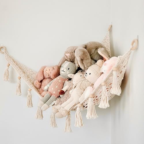 Macrame Toy Hammock for Stuffed Animals - Plushie Toy Hammock for Baby Nursery Decor, Plush Hammock, Stuffy Hammock, Hanging Stuffed Animal Organizer, Buttercream - Jamouz