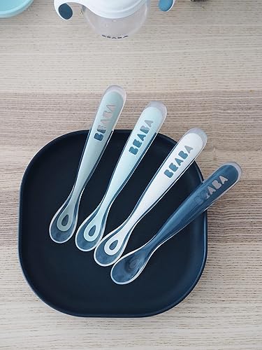 BEABA Baby's First Foods Spoon Set, Original Silicone Baby Spoons, Baby Essentials, Baby Spoons, Pack of 4 Baby Gift Set, BPA Lead & Phthalate Free, Rain - Jamouz