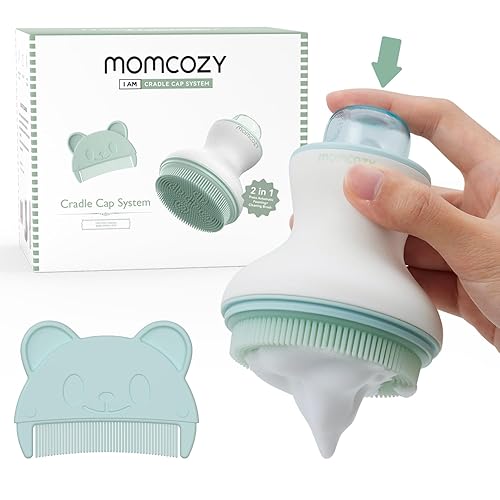 Momcozy﻿ Innovative Cradle Cap Brush with Pump, 2-in-1 Baby Cradle Cap Brush with Bubbler, Newborn Cradle Cap System, Shampoo Brush Baby Bath Essential Foamer Brush, Baby Hair Brush, Green - Jamouz