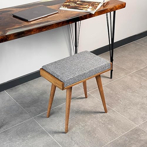 Walnut Ottoman Stool for Living Room | Upholstered in Crowbar Pattern Fabric | Versatile as a Piano Bench | Ideal Bedroom Bench | Functional Footstool Bench - Jamouz