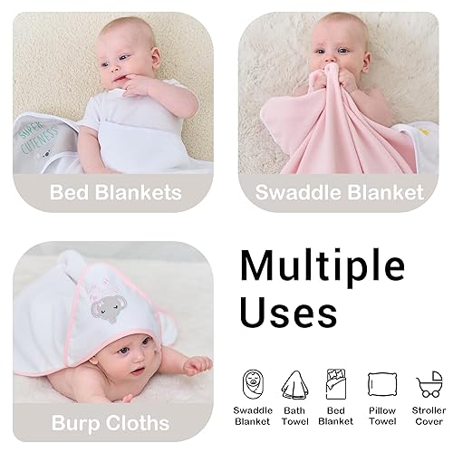 Viviland Baby Towels and Washcloths, Soft Absorbent Pink Baby Bath Towel Set, Elephant Hooded Towels with 5 Infant Face Washcloths (6 Pieces) - Jamouz