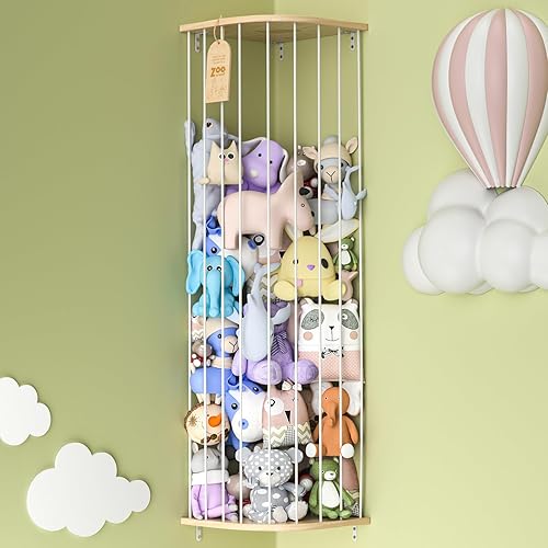 Stuffed Animal Storage for Plushie Toys - Large Wood Corner Hanging Pet Storage with Sky Pattern, Length Adjustable Toy Organizer Shelf for Nursery Play Room Bedroom Kid Room - Jamouz