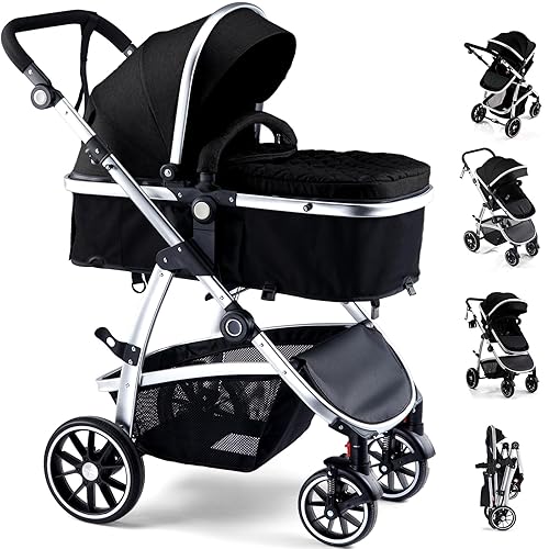 Baby Stroller, 2-in-1 Reversible Stroller with Bassinet Mode, Foldable Infant Stroller with Canopy, One Button Brake, Adjustable Handle, Newborn Stroller (Gray) - Jamouz