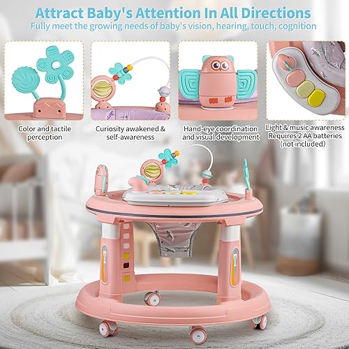 Baby Walker with Music and Lights, 5 Adjustable Heights, Baby Walkers and Activity Center for Boys Girls Babies 6-12 Months, Features 360 Degree Swivel Seat, Detachable Toys and Bounce Foot pad - Jamouz