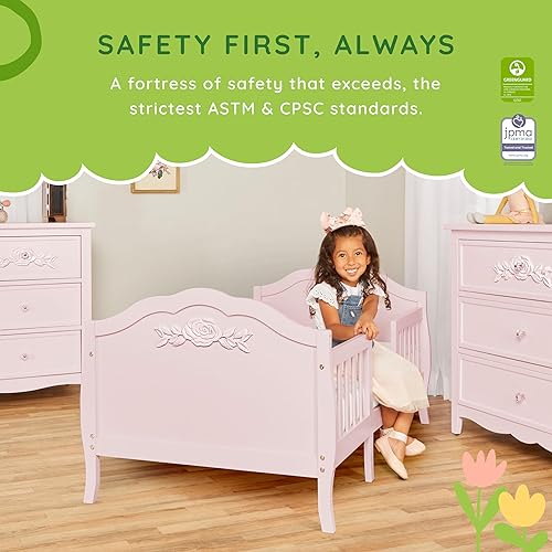 Rose 3-in-1 Convertible Toddler Bed in Blush Pink, Greenguard Gold Certified, JPMA Certified, Safety Rails, Made of Sustainable New Zealand Pinewood - Jamouz