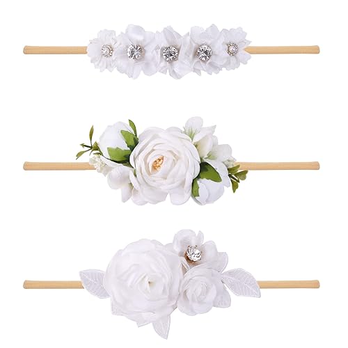 Baby Girl Floral Headbands- 3pcs Nylon Headband Handmade Flower Crown Elastic Hairband Newborn Toddler Hair Accessories Gifts for Girls （1-6 years old） - Jamouz