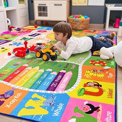 Large Playroom Rug Daycare Kids Rug 7x10,Educational and Fun Nursery Rug with ABC Alphabet Animals Classroom Rug Washable Kids Play Mat Baby Toddler Children Girls Rugs for Bedroom,Beige - Jamouz