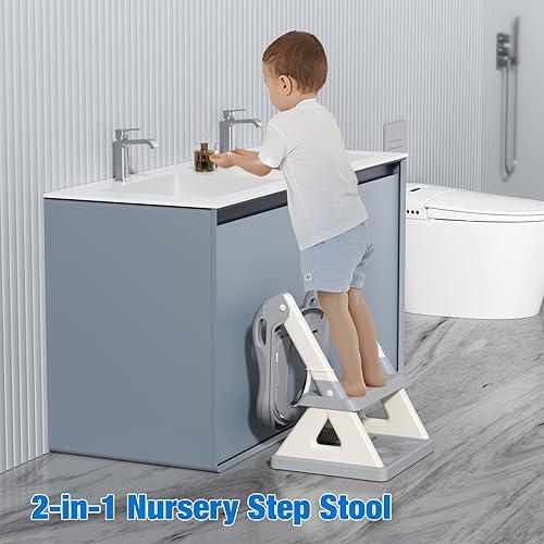 Potty Training Toilet Seat with Step Stool Ladder, Detachable Triangular Stabilized Base 2-IN-1 Toddler Toilet Seat with Splash Guard, Anti-Slip Pad, and Step Stool (Elegant Grey) - Jamouz