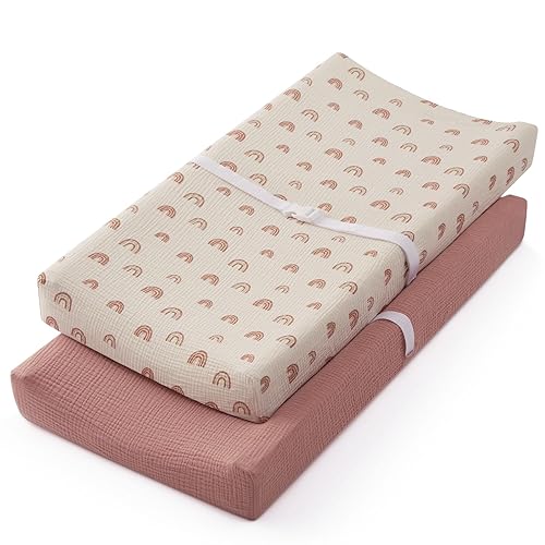 Blissful Diary Muslin Changing Pad Cover for Girls Boys, Ultra Soft Breathable Cotton, Baby Diaper Change Table Pad Covers, 2Pack (Roman Green&Leaf) - Jamouz