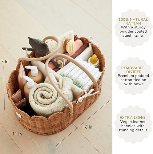 Premium Baby Diaper Caddy Organizer - Handmade & Award-Winning Scalloped Rattan Basket - Luxury Diaper Caddy Basket - Elegant Scalloped Edge (Natural) - Jamouz