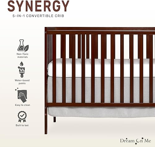 Synergy 5-In-1 Convertible Crib In White, made of New Zealand Pine wood, JPMA & Greenguard Gold Certified, features 3 mattress height settings - Jamouz