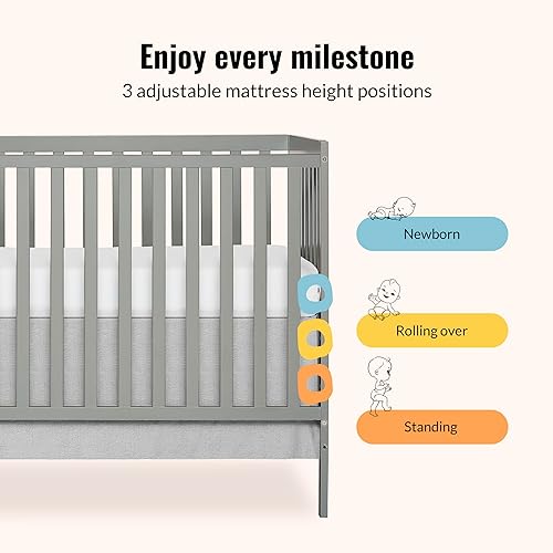 Synergy 5-In-1 Convertible Crib In White, made of New Zealand Pine wood, JPMA & Greenguard Gold Certified, features 3 mattress height settings - Jamouz