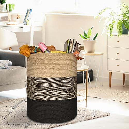 COMSE Extra Large Blanket Basket, High Storage Basket, Tall Rope Laundry Basket, 15.7”x 21.7”, Cotton Rope Basket, XXXL Laundry Basket, Toy Basket, Clothes Baskets,White/Cadet Blue/Navy Blue - Jamouz