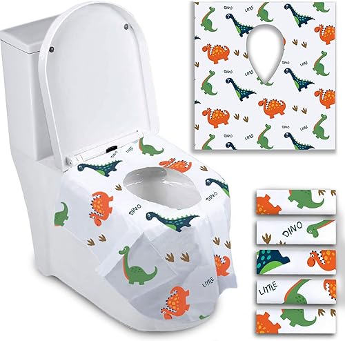 ATHENA FUTURES Disposable Toilet Seat Covers for Toddlers, Extra Large Individually Wrapped Paper Potty Training Liners for Kids, Portable, Flushable w/Non-Slip Adhesive, Airplane & Travel - Dinosaur - Jamouz