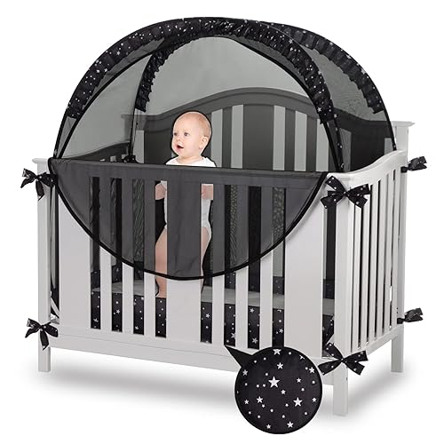 Safety Crib Tent to Keep Baby in Pop up Mosquito Net Netting Canopy Mesh Cover for Toddler - Black - Jamouz