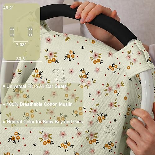 100% Muslin Cotton Car Seat Cover Baby, Carseat Canopy Cover, Universal Fit Stroller Covers for Boys and Girls (Roman Green) - Jamouz