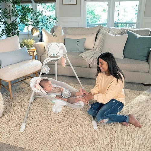 Ingenuity InLighten 5-Speed Baby Swing - Swivel Infant Seat, 5 Point Safety Harness, Nature Sounds, Lights - Nally Owl - Jamouz