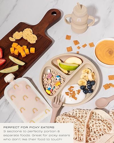 Hippypotamus Toddler Plates with Suction - 100% Food-Grade Silicone Baby Plates - Microwave & Dishwasher Safe - BPA Free - Set of 3 (Sage/Blush/Nude) - Jamouz