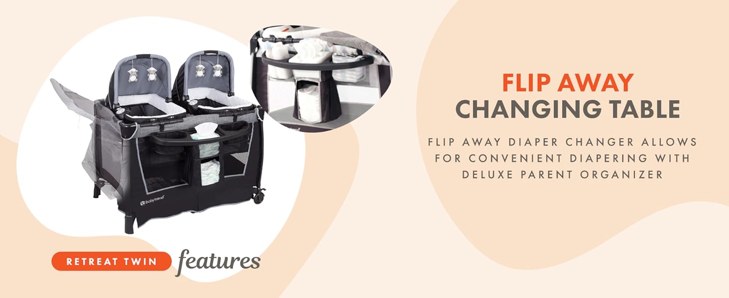 Baby Trend Retreat Twin Nursery Center w/ 2 Bassinets &amp; Changing Table, Quarry