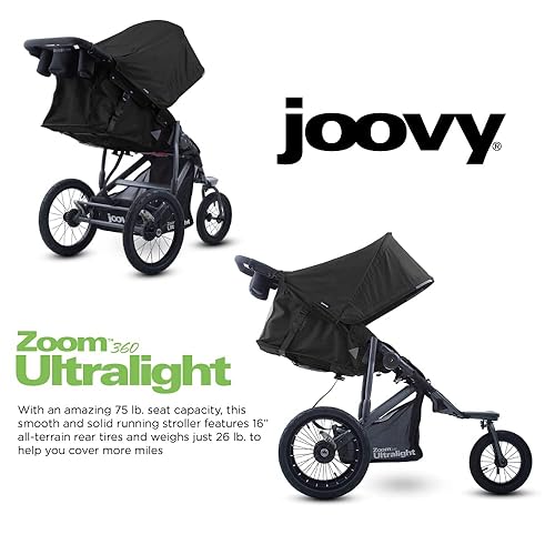 Joovy Zoom360 Ultralight Jogging Stroller Featuring High Child Seat, Shock-Absorbing Suspension, Extra-Large Air-Filled Tires, Parent Organizer, Air Pump, and Easy One-Hand Fold (Black) - Jamouz