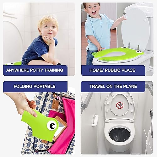 Toilet Potty Training Seat Cover, Travel Toilet Seat, Folding Non Slip Silicone Pads, Travel Portable Reusable Kids Toddlers Boys Girls, Carry Bag (Green - Frog) - Jamouz