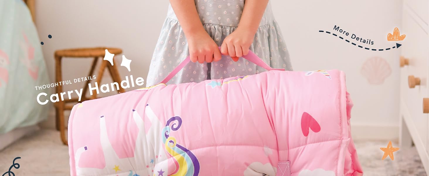 Portable rollup sleep mat that a child can carry during travel time to daycare school or camping