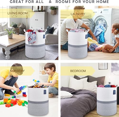 COMSE Extra Large Blanket Basket, High Storage Basket, Tall Rope Laundry Basket, 15.7”x 21.7”, Cotton Rope Basket, XXXL Laundry Basket, Toy Basket, Clothes Baskets,White/Cadet Blue/Navy Blue - Jamouz