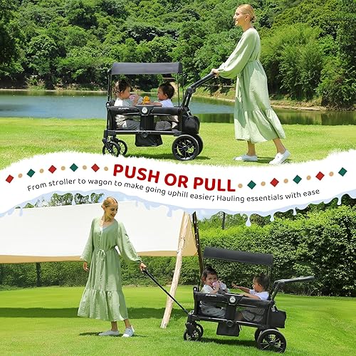 ELEMARA Wagon Stroller for 2 Kids, Premium All-Terrain Stroller Wagon, Collapsible Kids Wagon with Canopy, Adjustable Push/Pull Handle Bar, Comfortable drop-down footwell and Upholstered Seats, Black - Jamouz