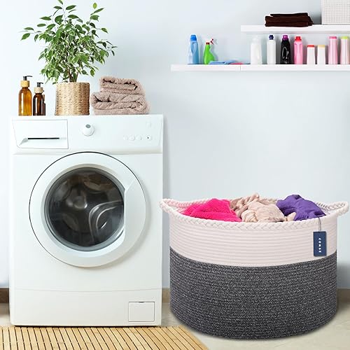 COMSE Extra Large Blanket Basket, Storage Basket, Laundry Basket, 21.7”x 13.8”, Laundry Hamper, Cotton Rope Basket, Blanket Basket Living Room, Toy Basket (White & Cadet Blue & Navy Blue) - Jamouz