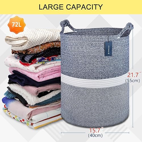 COMSE Extra Large Blanket Basket, High Storage Basket, Tall Rope Laundry Basket, 15.7”x 21.7”, Cotton Rope Basket, XXXL Laundry Basket, Toy Basket, Clothes Baskets,White/Cadet Blue/Navy Blue - Jamouz