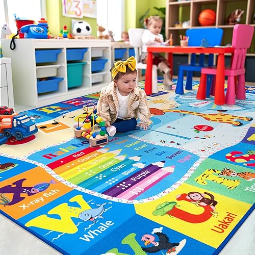 Large Playroom Rug Daycare Kids Rug 7x10,Educational and Fun Nursery Rug with ABC Alphabet Animals Classroom Rug Washable Kids Play Mat Baby Toddler Children Girls Rugs for Bedroom,Beige - Jamouz