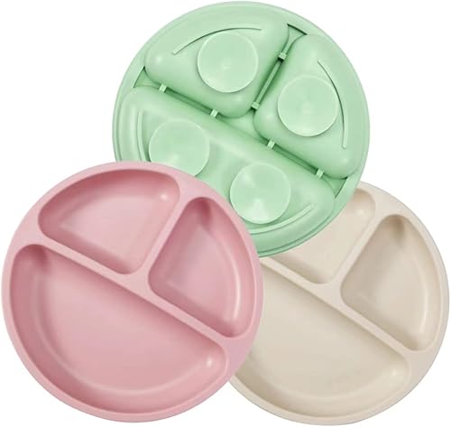 PandaEar Divided Unbreakable Silicone Baby and Toddler Plates - 3 Pack - Non-Slip - Dishwasher and Microwave Safe - Silicone (Blue Green Brown) - Jamouz