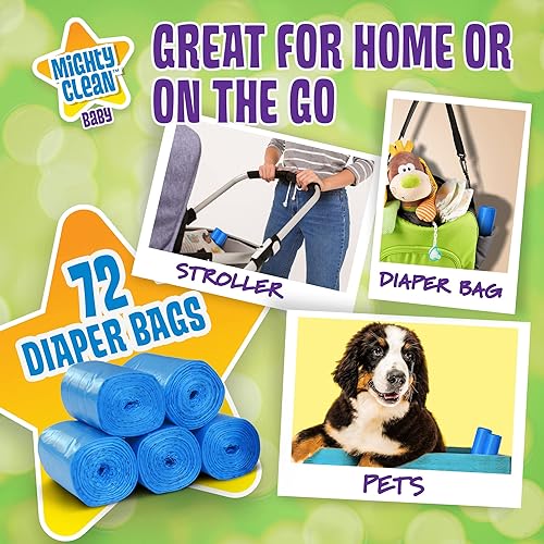 Mighty Clean Baby Disposable Diaper Bag Refill Rolls - Waste Sacks with Light Powder Scent - 72 Count - Jamouz