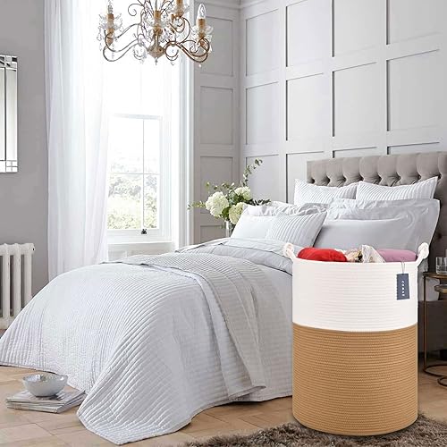 COMSE Extra Large Blanket Basket, High Storage Basket, Tall Rope Laundry Basket, 15.7”x 21.7”, Cotton Rope Basket, XXXL Laundry Basket, Toy Basket, Clothes Baskets,White/Cadet Blue/Navy Blue - Jamouz