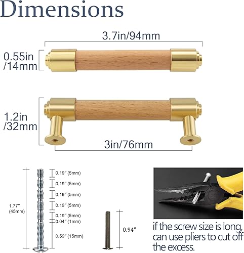 Modern Mid Century Brass and Wood Cabinet Pulls 3 Inch Center to Center Hole 4Pack Kitchen Drawer Handle Unfinished Dresser Knob for Closet Cupboard Wardrobe Brushed Finish - Jamouz