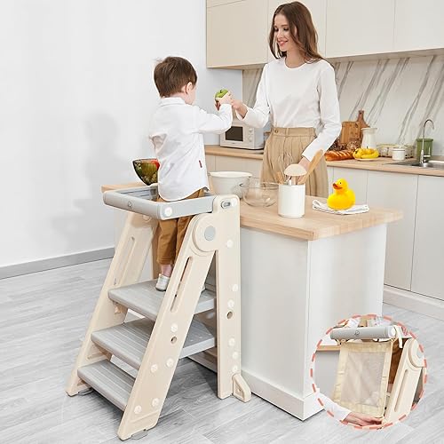 Forbena Foldable Toddler Tower Kitchen Learning Stool Helper, Montessori Kids Standing Tower for Counter, Collapsible Adjustable Baby Child Step Stool with Safety Net for Bathroom Sink (Grey) - Jamouz