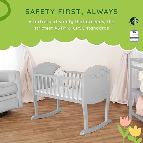 Rose Cradle in Platinum, with 1' Mattress Pad, Easy to Assemble, JPMA Certified, New Zealand Pinewood Cradle, Stationary and Rocking Cradle - Jamouz