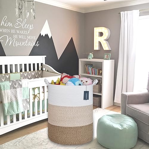 COMSE Extra Large Blanket Basket, High Storage Basket, Tall Rope Laundry Basket, 15.7”x 21.7”, Cotton Rope Basket, XXXL Laundry Basket, Toy Basket, Clothes Baskets,White/Cadet Blue/Navy Blue - Jamouz