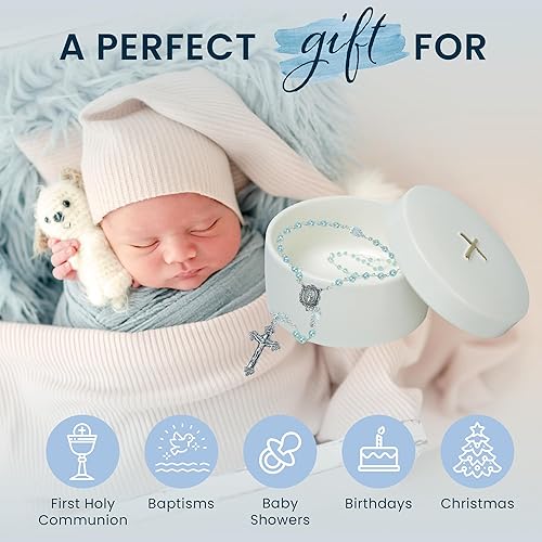 Sweet Treasures Gift – Baptism Gifts for Boys, First Rosary with Ceramic Keepsake Box and Card, Catholic Communion Gift, Christening and Baby Shower Rosary Beads, Blue - Jamouz