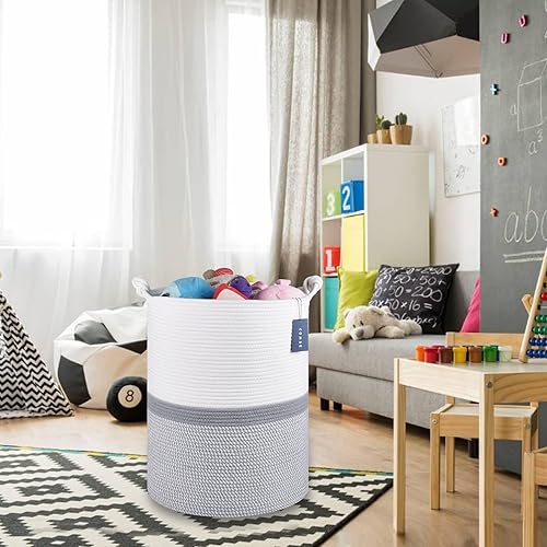 COMSE Extra Large Blanket Basket, High Storage Basket, Tall Rope Laundry Basket, 15.7”x 21.7”, Cotton Rope Basket, XXXL Laundry Basket, Toy Basket, Clothes Baskets,White/Cadet Blue/Navy Blue - Jamouz