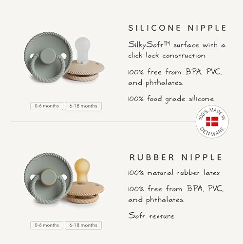 FRIGG Rope Natural Rubber Baby Pacifier | Made in Denmark | BPA-Free (Olive/Sage, 6-18 Months) - Jamouz