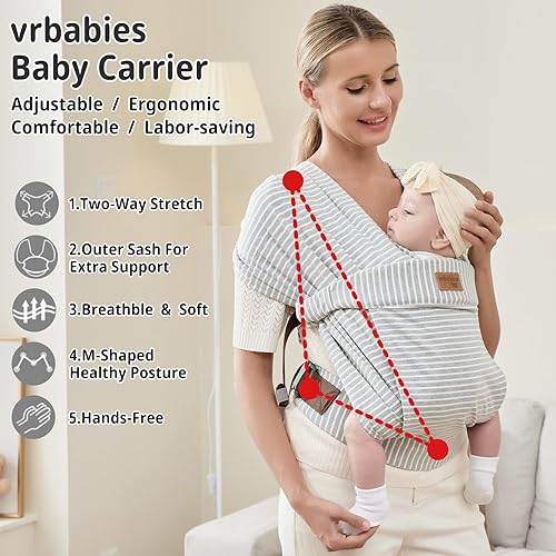 Baby Wraps Carrier Newborn to Toddler, Kangaroo Baby Easy Wearing Wrap, Adjustable Soft Baby Holder Front Chest Sling Carriers Perfect Baby Infant Essentials Gifts (Striped Grey, Cotton) - Jamouz