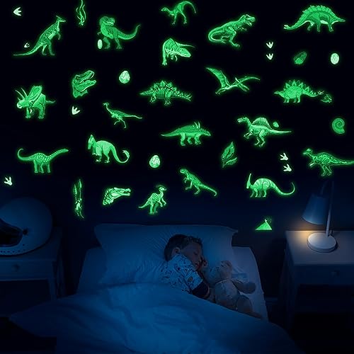 Glow in The Dark Dinosaur Wall Decals Stickers, Glowing Dinosaur Wall Stickers Self-Adhesive for Ceiling, Removable Wall Stickers for Boys Bedroom Kids Girls Baby Nursery Gift - Jamouz