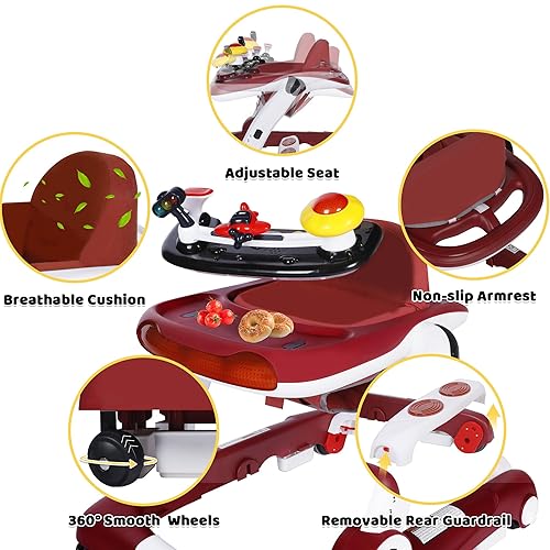 6 in 1 Baby Walker, Baby Activity Center for Toddler, Walker Rocker Bouncer w/Adjustable Height Speed, Learning-Seated & Walk-Behind, Infant Walker w/Feeding Tray & Music Toys, Red - Jamouz