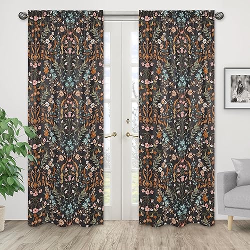 Sweet Jojo Designs Boho Wildflower Vintage Floral Girl Window Curtains Treatments Panels Baby Nursery Kids Bedroom Kitchen Room - Set of 2 - Black Orange Teal Bohemian Farmhouse Botanical Cottagecore - Jamouz